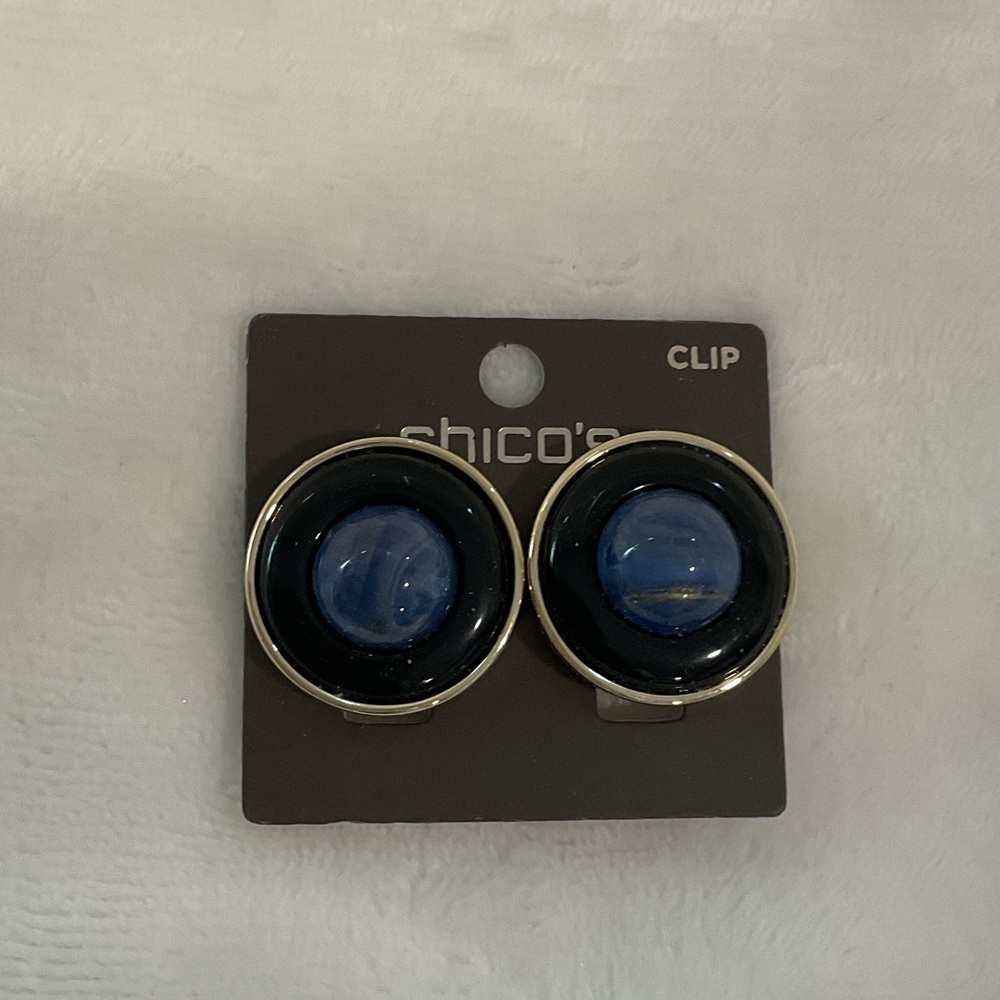 Chico's Black and Blue Round Clip Earrings